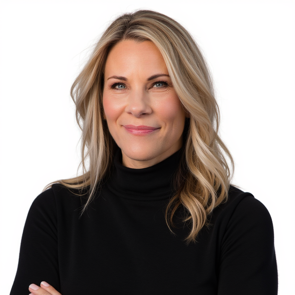 Smiling woman with blonde hair in a black turtleneck sweater.